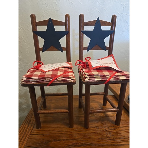 Hallmark Other - Set of 2 - Hallmark Chair & 4 Coaster Set Americana Blue Star Gingham Wooden